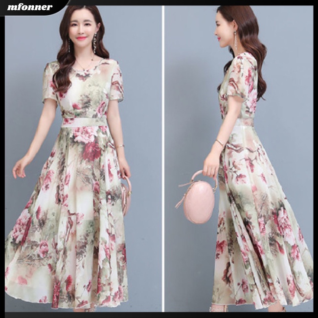 Đầm Dài Cổ Tròn Tay Ngắn Eo Cao In Họa Tiết Hoa Thời Trang Mùa Hè Xinh Xắn Cho Nữ