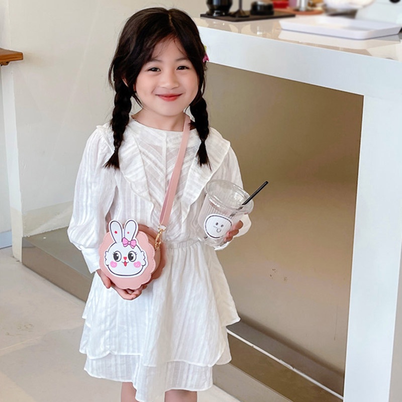 Túi Đeo Chéo Hình Tròn Nhỏ In Họa Tiết Thỏ Hoạt Hình Phong Cách Hàn Quốc Thời Trang Cho Bé Gái