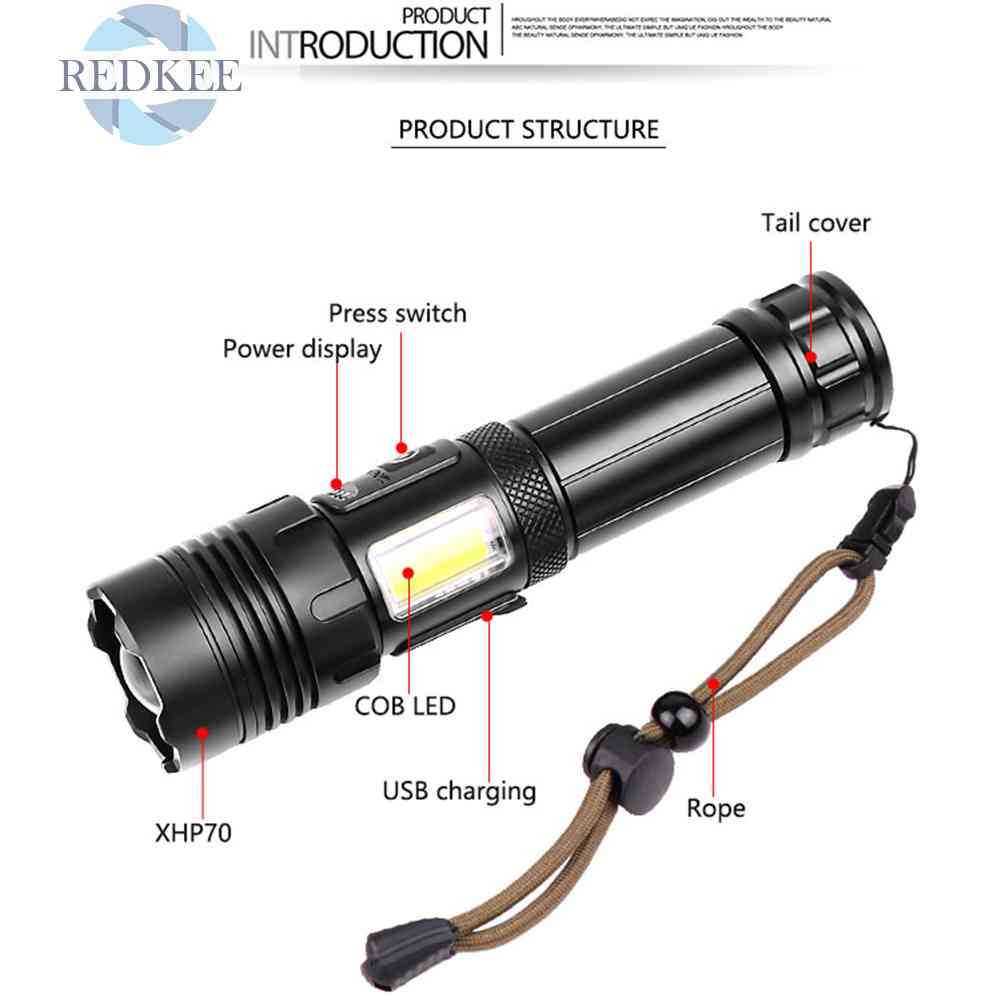 Đèn Pin LED COB 18650 COB Ánh Sáng Trắng / Đỏ Có Thể Sạc Lại Bằng Cổng USB