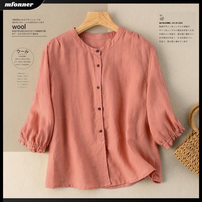 Áo Sơ Mi Cotton Lanh Cổ Tròn Dáng Rộng Màu Sắc Đơn Giản Thanh Lịch Dành Cho Nữ
