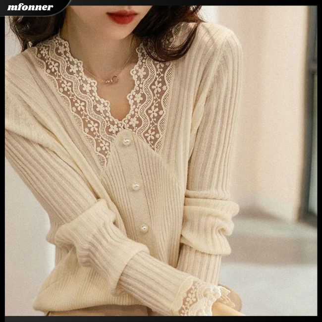 Áo Dệt Kim Nữ Tay Dài Cổ Chữ V Phối Ren Màu Trơn Thời Trang