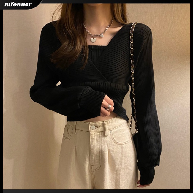 Áo Sweater Dệt Kim Tay Dài Cổ Vuông Chất Liệu Dày Dặn Màu Sắc Đơn Giản Thời Trang Cho Nữ