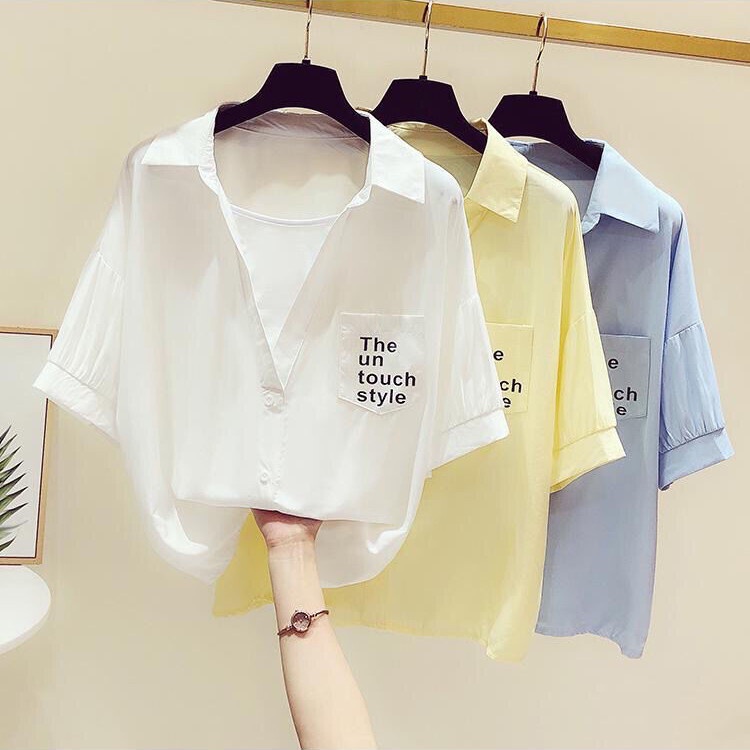 Áo Sơ Mi Nữ Ngắn Tay Dáng Rộng Màu Vàng Phong Cách Hàn Quốc Thời Trang Mới 2023