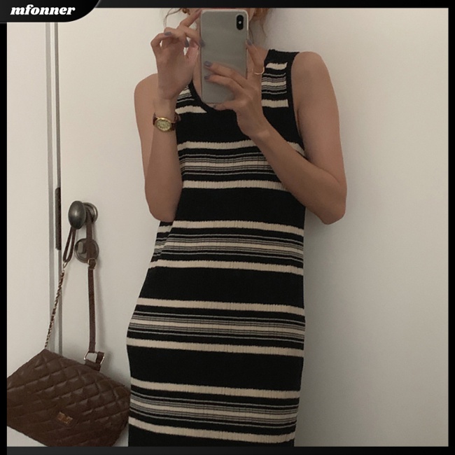 Đầm Chữ A Hai Dây Cổ Tròn Lưng Cao Họa Tiết Kẻ Sọc Màu Sắc Tương Phản Thời Trang Mùa Hè Quyến Rũ Cho Nữ