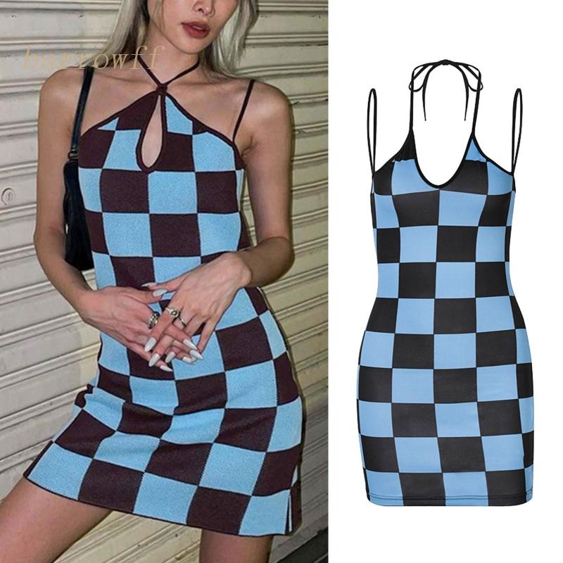 Brroa Đầm Hai Dây Mini Ôm Dáng Họa Tiết Kẻ Ô Vuông Màu Khối Cổ Điển Gợi Cảm Đi Tiệc Clubwe Cho Nữ