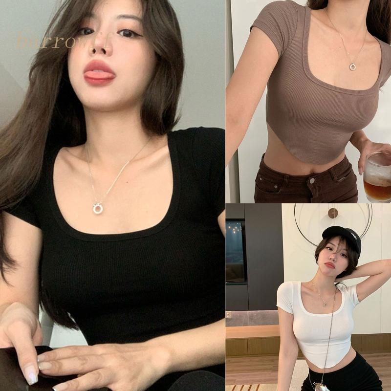 Áo Thun Lửng Ngắn Tay Cổ Chữ U Gợi Cảm Cho Nữ