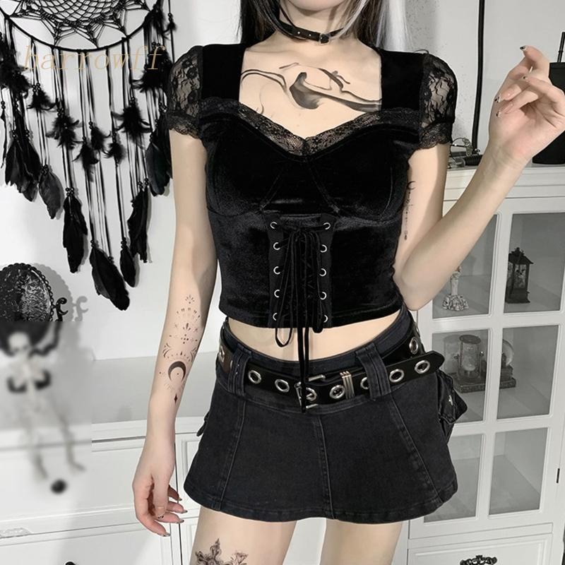 Áo Croptop Nhung Tay Ngắn Cổ Vuông Cột Dây Phong Cách Gothic Harajuku Vintage Gợi Cảm Cho Nữ