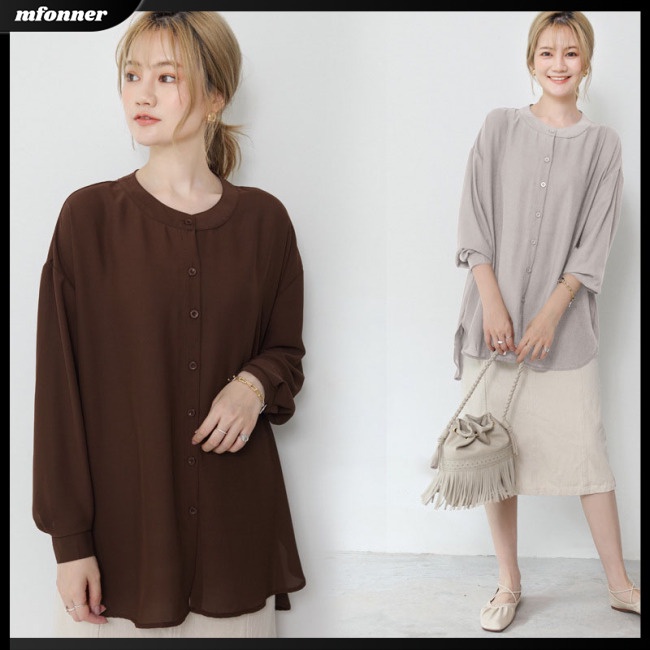 Áo Sơ Mi Chiffon Tay Dài Cổ Tròn Dáng Rộng Màu Sắc Đơn Giản Thanh Lịch Dành Cho Nữ