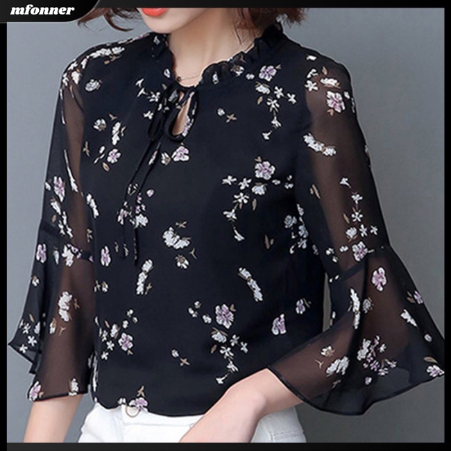 Áo Sơ Mi Chiffon Tay Lỡ Cổ Đứng Dáng Rộng In Họa Tiết Hoa Thanh Lịch Cho Nữ