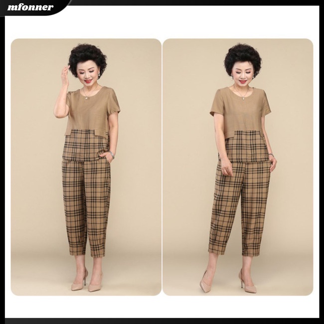 Bộ Trang Phục Thể Thao 2 Mảnh Gồm Áo Thun Tay Ngắn Cổ Tròn In Họa Tiết Caro + Quần Dài Thời Trang Cho Nữ