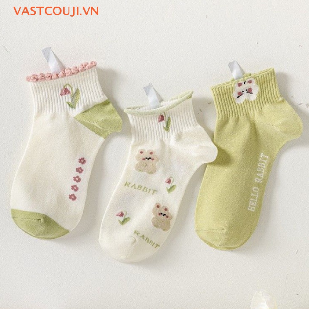 Vớ Cotton Cổ Thấp Họa Tiết Hoa / Thỏ Dễ Thương Thời Trang Phong Cách Hàn Quốc Cho Nữ