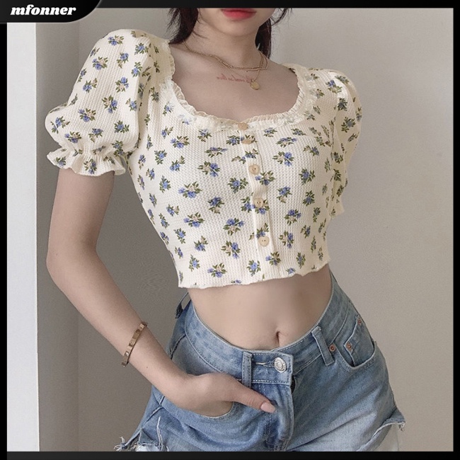 Áo Croptop Cổ Vuông Tay Phồng In Họa Tiết Hoa Phong Cách Retro Cho Nữ