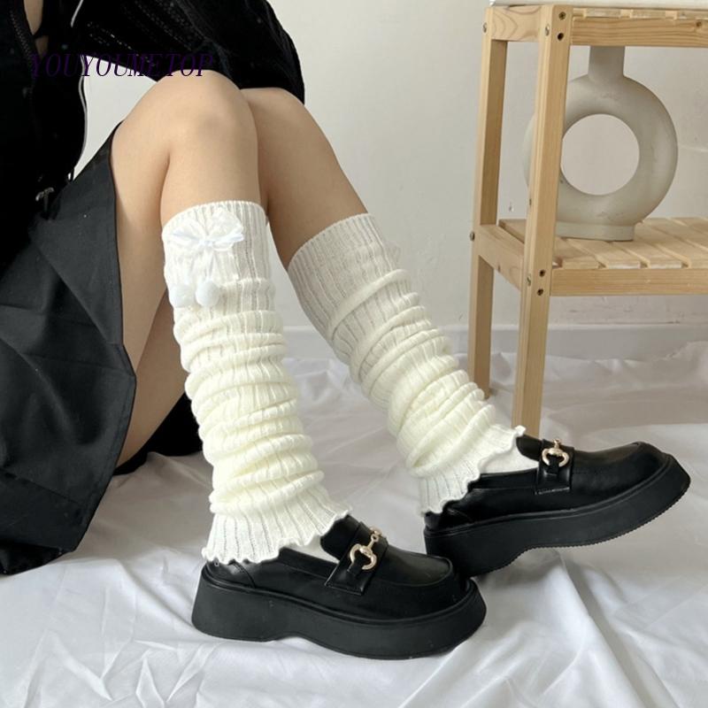 Youyo Vớ Dệt Kim Giữ Ấm Chân Có Gân Và Nơ Pompom Dễ Thương Phong Cách Harajuku Cho Nữ