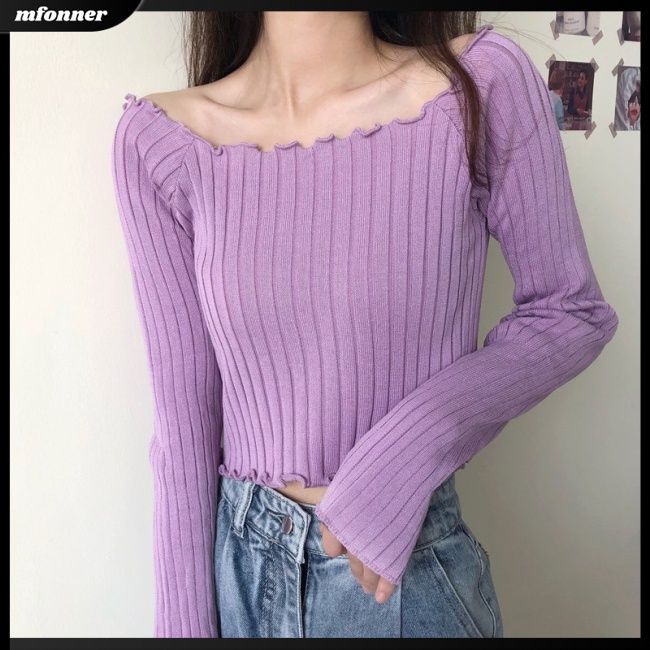 Áo Croptop Dệt Kim Tay Dài Cổ Vuông Màu Sắc Đơn Giản Cho Nữ