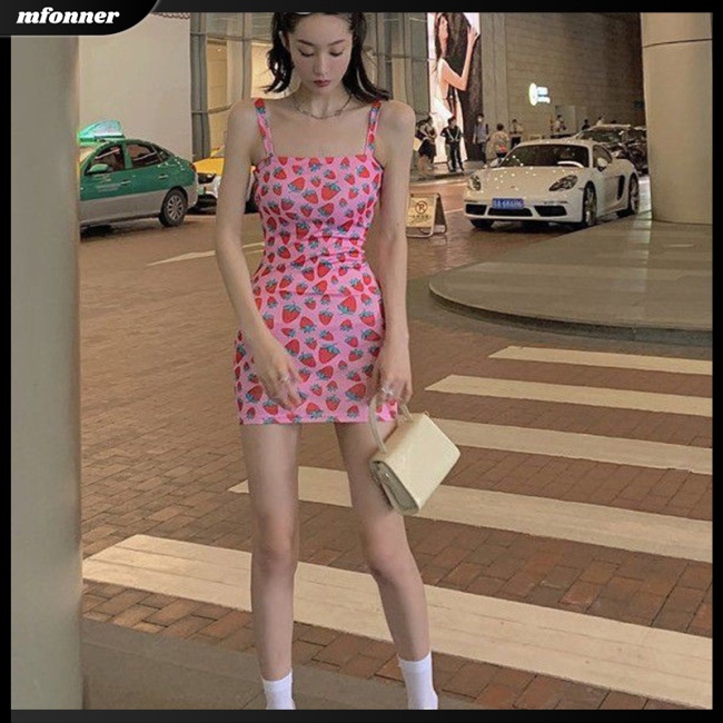 Đầm Hai Dây Dáng Chữ A In Họa Tiết Dâu Tây Xinh Xắn Dành Cho Nữ