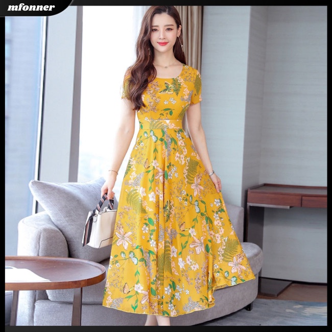 Đầm Dài Dáng Chữ A Tay Ngắn In Hoa Phong Cách Bohemian Thời Trang Quyến Rũ Cho Nữ