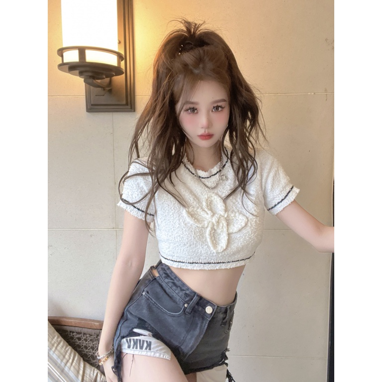 Áo Croptop Dệt Kim Tay Ngắn Cổ Tròn Dáng Ôm In Họa Tiết Thời Trang Mùa Hè Hàn Quốc Quyến Rũ Cho Nữ