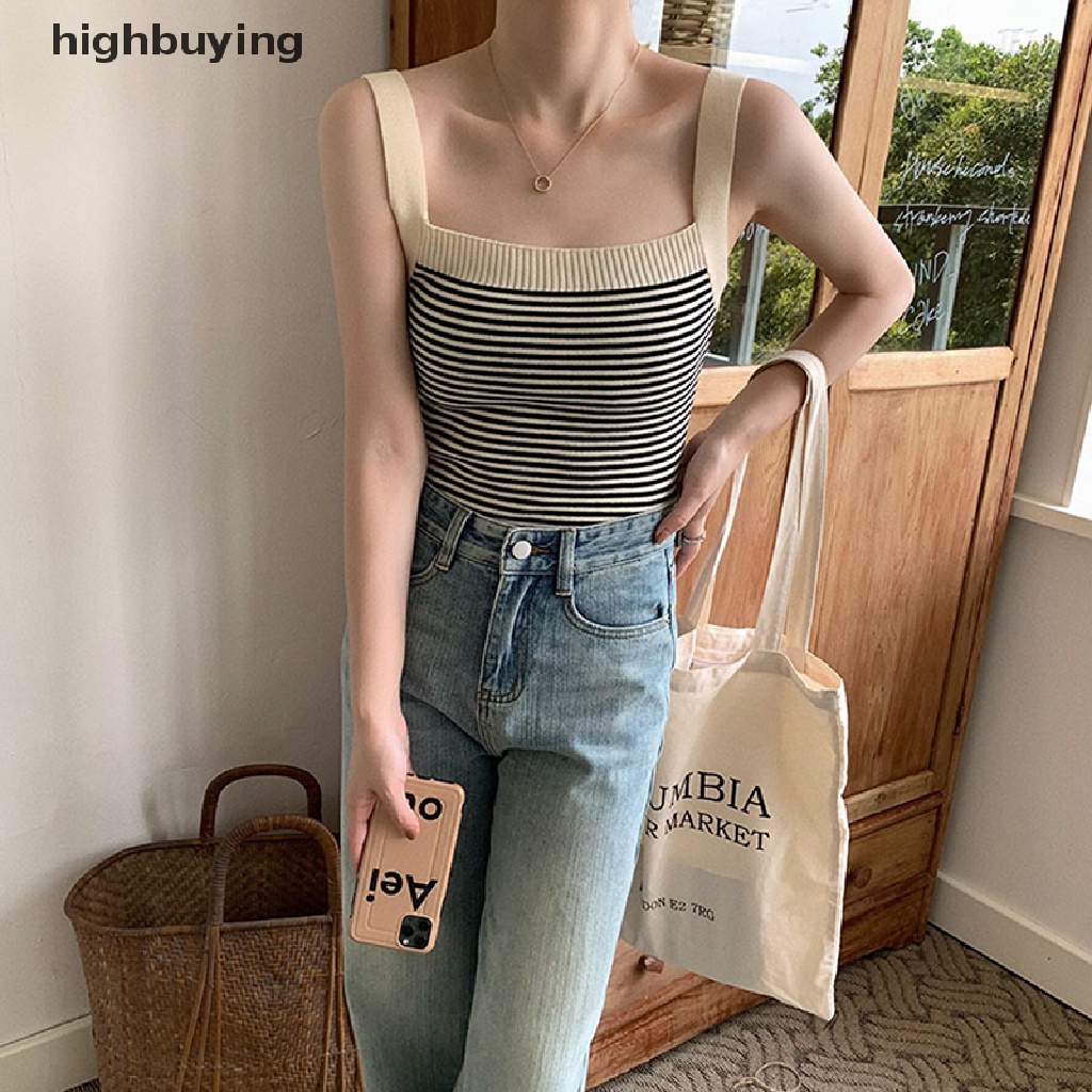 Áo Croptop Dệt Kim Hai Dây Họa Tiết Kẻ Sọc Phong Cách Vintage