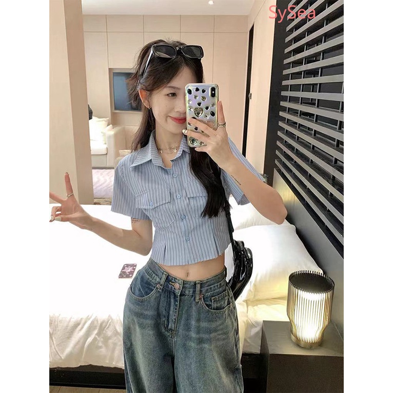 Áo Sơ Mi Ngắn Kẻ Sọc Thời Trang Mùa Hè Hàn Quốc Cho Nữ
