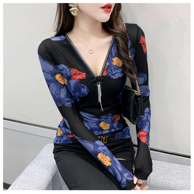 Áo Thun Tay Dài Cổ Chữ V Có Khóa Kéo In Họa Tiết Thời Trang Mùa Thu Cho Nữ áo lưới dài tay áo thun dài tay nữ