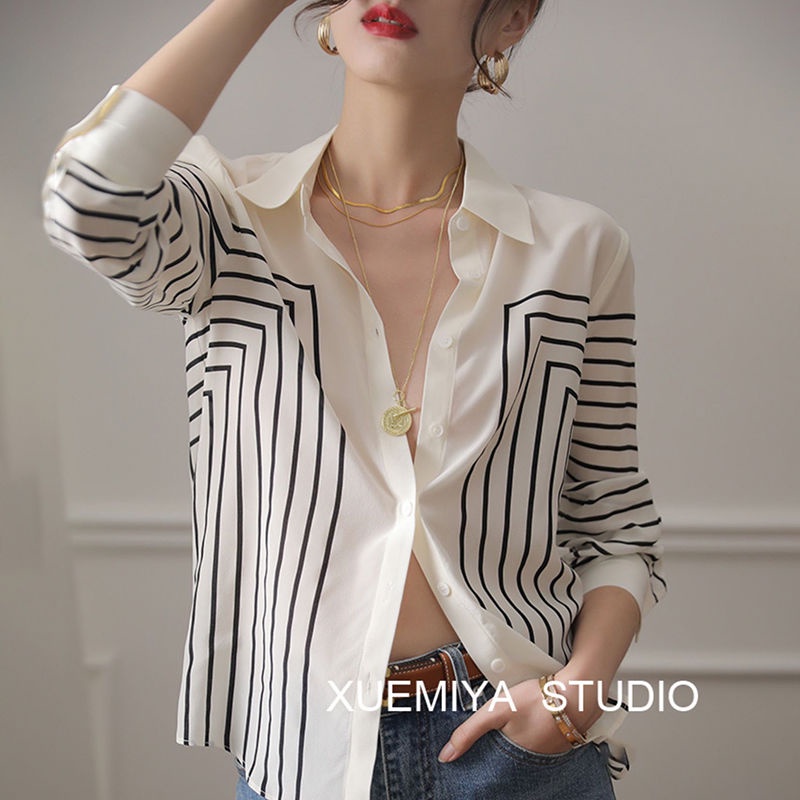 Áo Sơ Mi Tay Dài Dáng Rộng Họa Tiết Kẻ Sọc Thời Trang Sang Trọng Cho Nữ