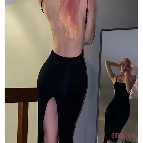 [] - Đầm Hai Dây Màu Đen Trơn Hở Lưng Xẻ Tà Điều Chỉnh Được Thời Trang Mùa Hè Cho Nữ