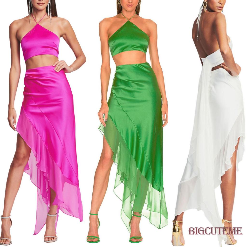 Set Áo 2 Dây Buộc Cổ Màu Trơn + Chân Váy Dài Phối Bèo Thời Trang Mùa Hè Cho Nữ