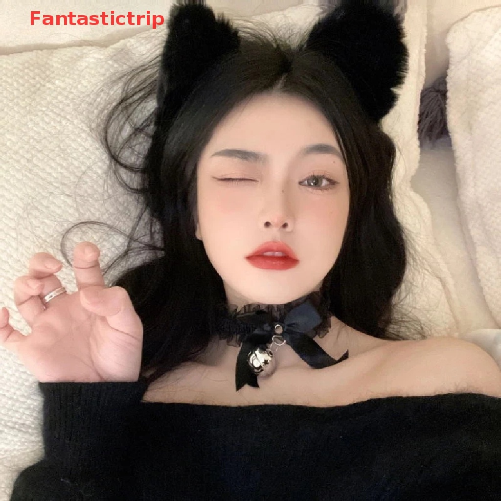 1 Cặp Vòng Cổ / Băng Đô Tai Mèo Bằng Lông Nhung Đính Chuông / Nơ Dễ Thương Xinh Xắn Cho Bạn Gái