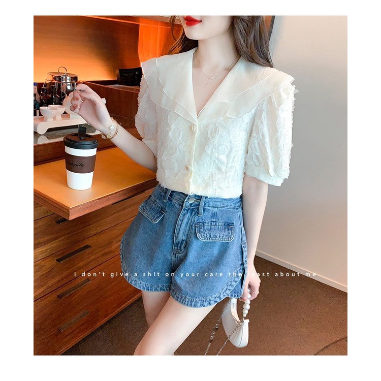 Áo Sơ Mi Chiffon Cổ Búp Bê Tay Ngắn Thời Trang Mùa Hè Dành Cho Nữ