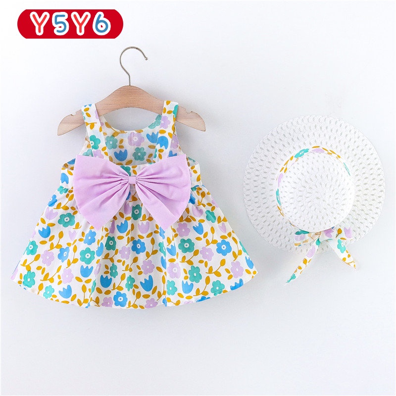 Y5Y6 Set Đầm Hai Dây Đính Nơ Sau Lưng + Mũ Quà Tặng Cho Bé Gái 0-3 Tuổi