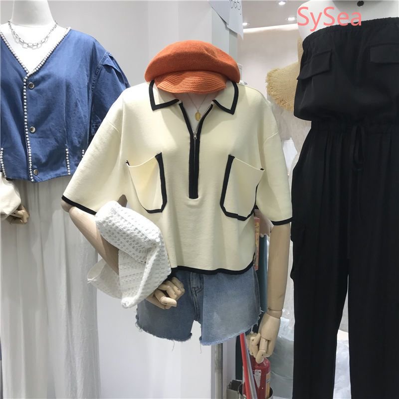 Áo Dệt Kim Phối Khóa Kéo Phong Cách Retro Hàn Quốc Cho Nữ