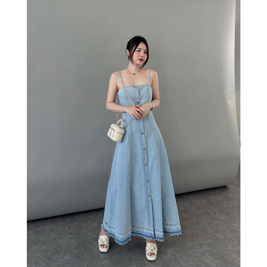 Đầm midi jean 2 dây lai phối tưa