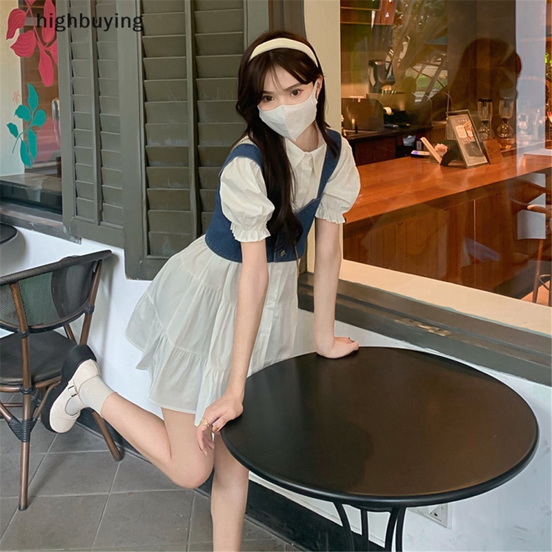 Set Đầm Denim Và Áo Sơ Mi Tay Phồng Phong Cách Vintage Thời Trang Hè 2023 Cho Nữ