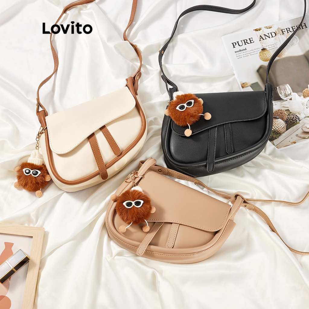 Túi đeo vai Lovito nhỏ họa tiết hoạt hình màu trơn phối viền tương phản thường ngày cho nữ L50AD122 (kaki/màu mơ/đen)