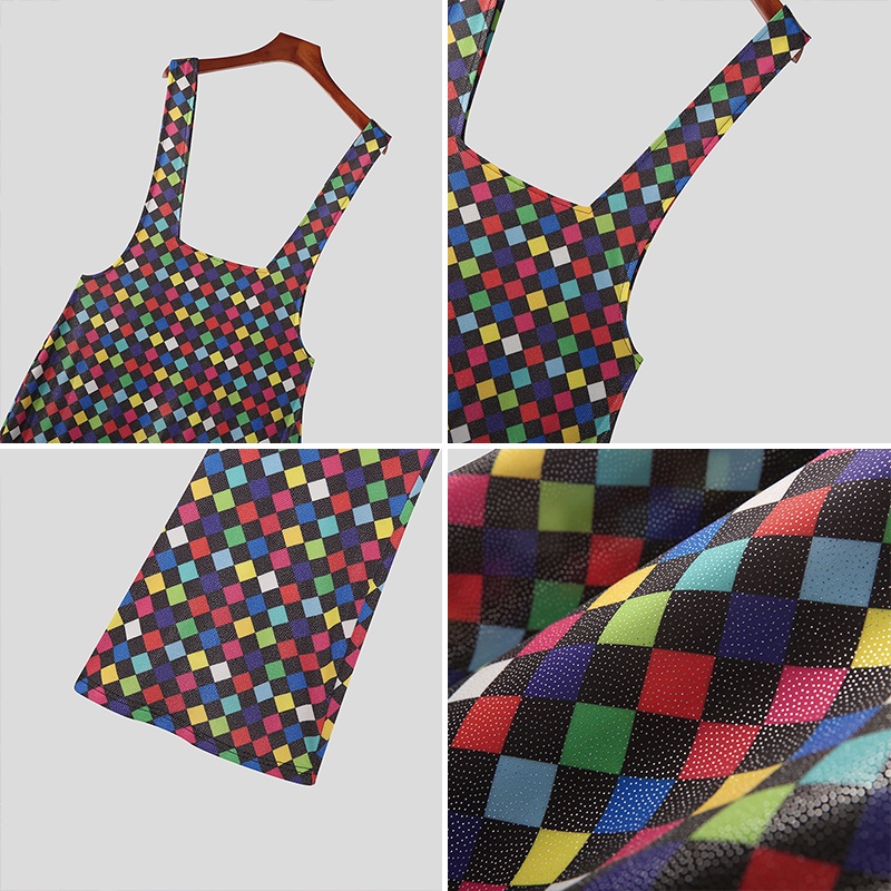 Quần yếm INCERUN không tay dáng chữ U họa tiết sọc caro thời trang cá tính cho nam