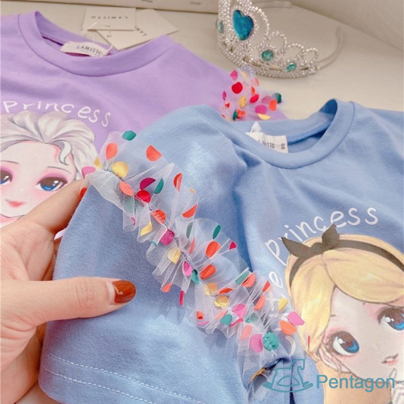 Đầm Thun Tay Ngắn Phối Lưới Chấm Bi Họa Tiết Hoạt Hình Dễ Thương Thời Trang Mùa Hè Cho Bé Gái