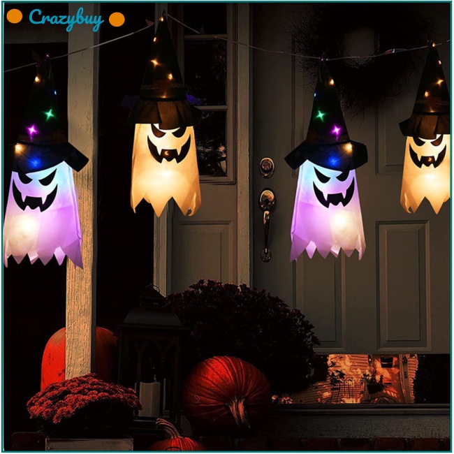 Cr Phụ Kiện Trang Trí Halloween Hình Ma Đội Nón Phù Thủy Có Đèn Led Phát Sáng Độc Đáo