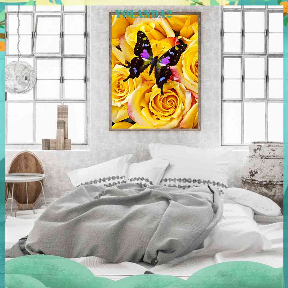 Bộ Tranh Đính Đá 5D Tự Làm Toàn Diện Hình Bướm Và Hoa Hồng Vàng Trang Trí Tường