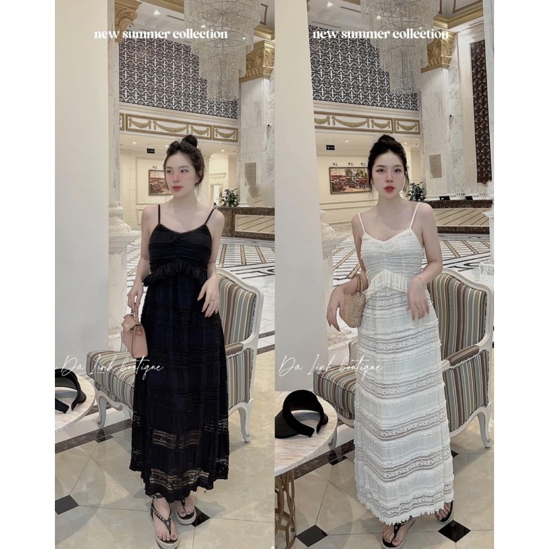 Váy maxi 2s ren viền bèo 2 màu hàng Qc cao cấp co dãn 4 chiều siêu tôn body