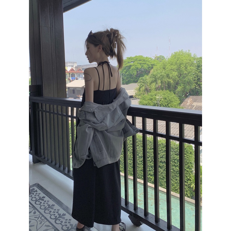 Đầm Hai Dây Cổ Chữ V Màu Đen Thời Trang Quyến Rũ Cho Nữ