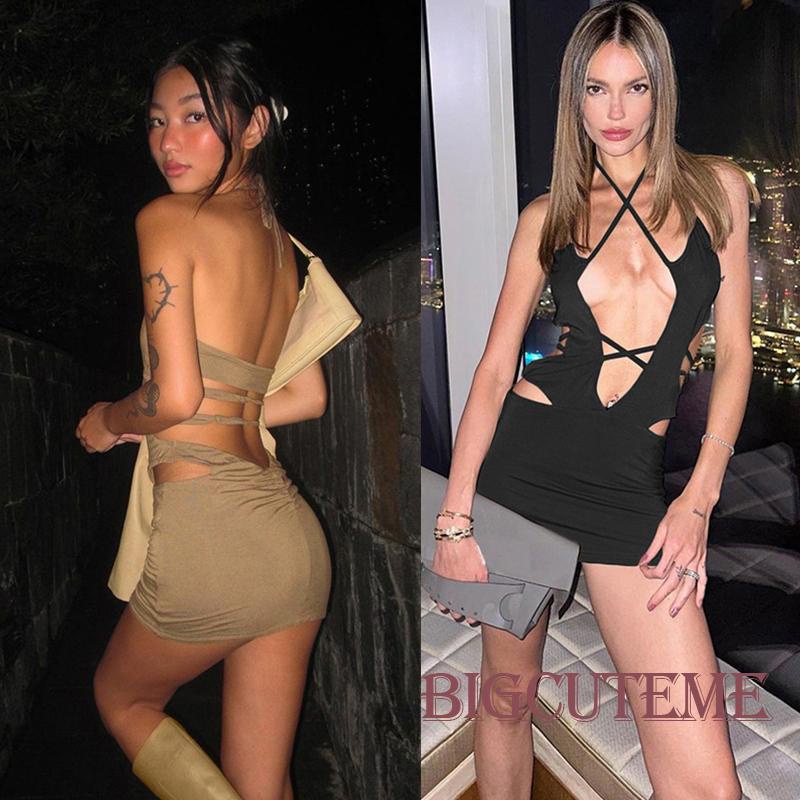 [] - Đầm Mini Ôm Dáng Không Tay Khoét Rỗng Màu Trơn Cho Nữ