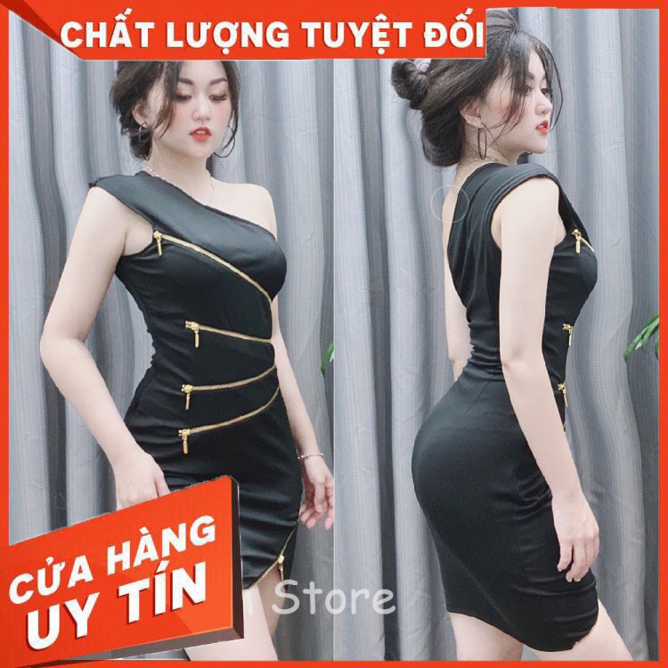 Đầm body phối dây kéo, chéo lệch vai cao cấp - DN7301
