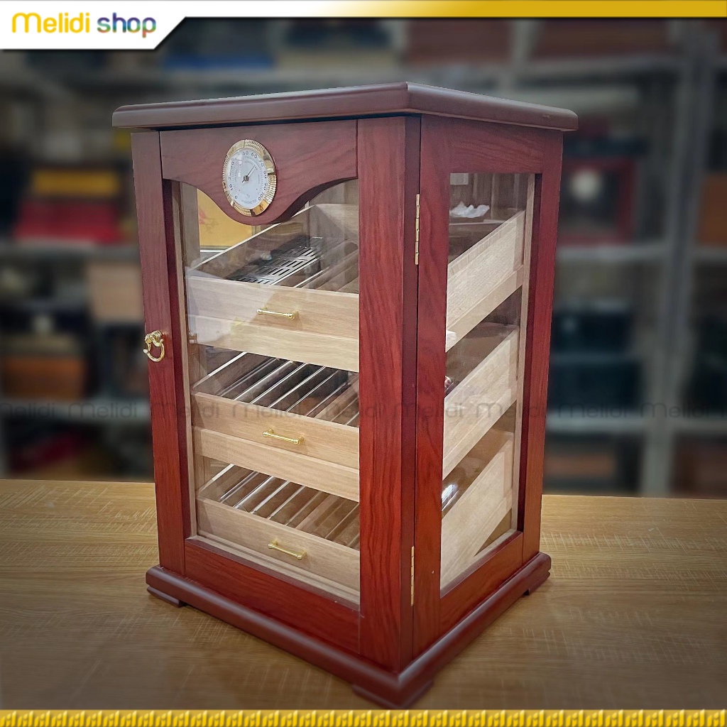 Tủ Bảo Quản cigar 3 Tầng Cao Cấp Gỗ Tuyết Tùng Sơn Piano Hoa Văn Sang Trọng, Có Đồng Hồ Và Khay Tiếp Ẩm Humidor