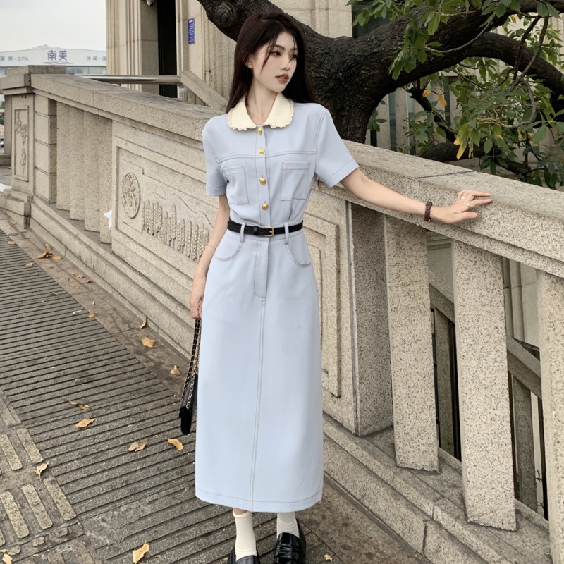 Đầm Dài Dáng Chữ A Tay Ngắn Cổ Búp Bê Màu Trơn Dễ Phối Đồ Thời Trang Cho Nữ