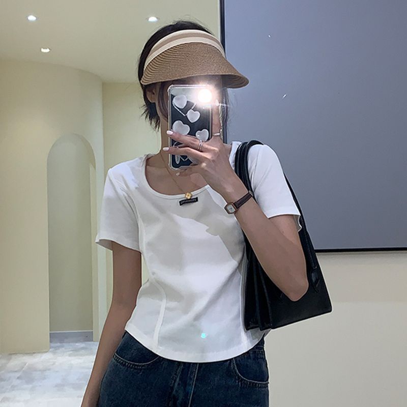 Áo Thun Ngắn Tay Cổ Vuông Viền Cong Thời Trang Retro Cho Nữ