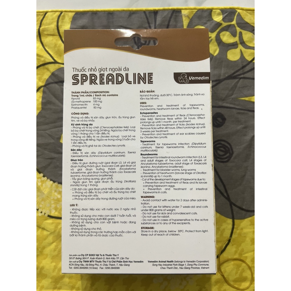 SPREADLINE - Tuýp nhỏ giọt ngoài da phòng sán dây, giun tròn, ấu trùng giun tim, ve và bọ nhảy cho MÈO