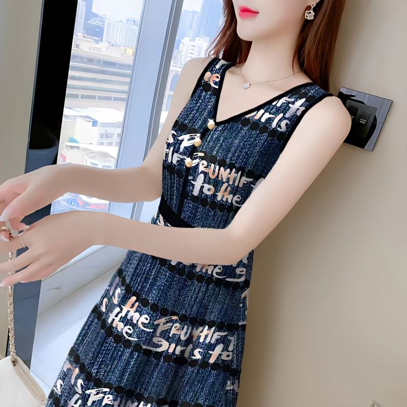 Đầm Dài Trung Bình Không Tay Cổ Chữ V Eo Hẹp In Họa Tiết Phong Cách Mới Cho Nữ