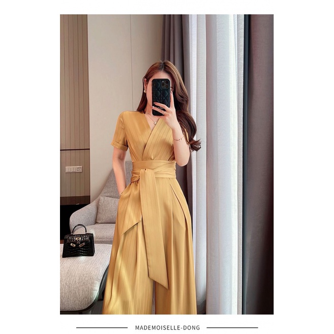 Design striped one-piece jumpsuit lace-up high waist straight casual wide leg jumpsuit for women