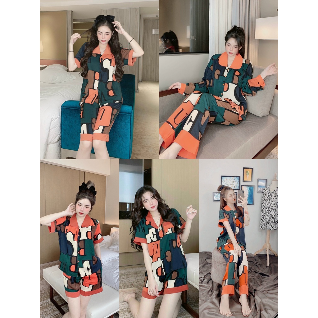 Lập Thể Cam - Bộ đồ pizama mặc nhà Tay Cộc Tay Dài Lụa Mango cao cấp