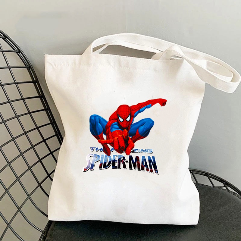 Túi Xách Canvas In Họa Tiết Marvel Spider Man Dễ Thương Cho Học Sinh